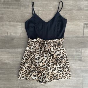 Medium Pink Lily side zipper Animal print paper bag waist romper with pockets